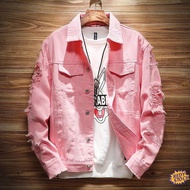 ✦Ready Stock✦ jaket jeans lelaki denim coat Pink ripped jeans teen Korean version couple outfit middle school student thin jacket loose red jacket men