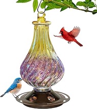 Hand Blown Glass Bird Feeder for Cardinals and Blue Jays, Hanging Outdoor Garden Decor with Metal Ba