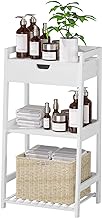 POXAKA Bathroom Shelves, 3 Tier Ladder Shelf with Drawers, Bamboo Bookshelf Open Shelving, Nightstand Bookcase End Table Plant Stand for Living Room, Bedroom, Bathroom, Kitchen (Fashion White)