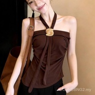 French y Halterneck Lace-Up Tube Top Vest Women's One-Shoulder Sleeveless Camisole G5Z3