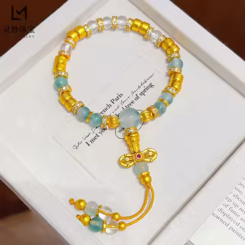 Diamond-Inlaid Six Syllable Mantra Vajra Three-Way Tassel Jade Bracelet For Women 24K Gold AU999, Pu