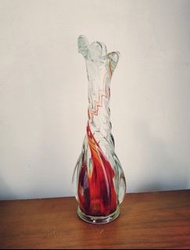 早期復古六爪造型琉璃手工花瓶 玻璃花器 灰綠色 漩渦線條 瓶身有氣泡 老件收藏 二手老玻璃