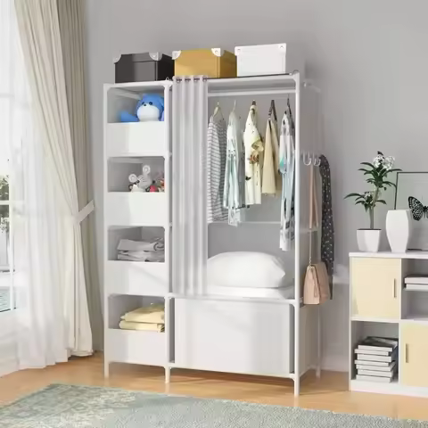 Wardrobe Storage Closet, Clothes Storage Cabinet with Curtain,40.55 x 16.73 x 65.35Inches, for Livin