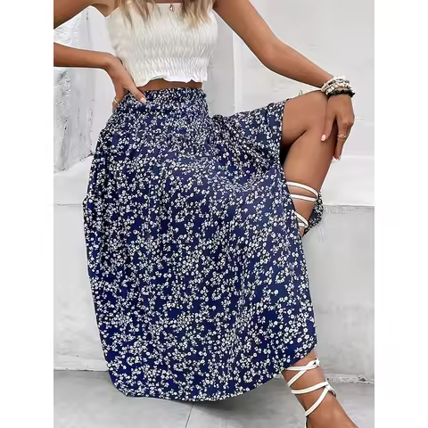 Plus Size Floral Midi Skirt, Side Slit Elastic Waist A-Line Boho Beach Skirt for Vacation & Daily 1-