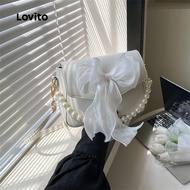 (Trendy) Lovito Casual Plain Bow Tie Pearl Handbag Adjustable Shoulder Strap Cute Small Shoulder Bag