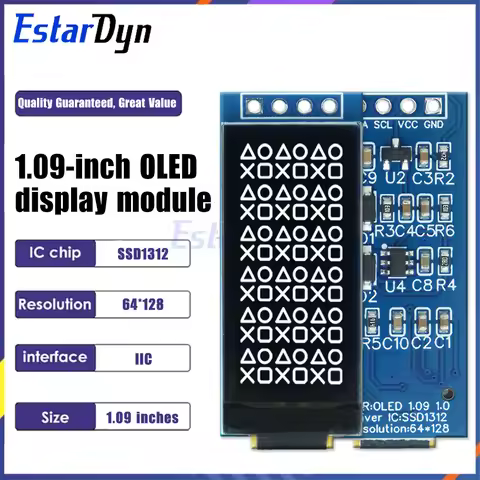 1.09 Inch OLED Display Module 128x64 White SSD1312 I2C, 4 Pin Interface for Arduino Raspberry Pi, Lo