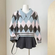 385 HYK SHOP🇲🇾 Knit Sweater women lapel neck knitwear women long sleeve Diamond pattern sweater