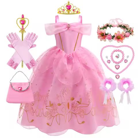 Aurora Party Dress up for Girls Halloween Sleeping Beauty Pink Floral Mesh Costume Kids Christmas Cl