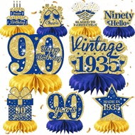 9Pcs Blue Gold 90th Birthday Decorations Blue 90th Birthday Honeycomb Centerpieces for Tables Decora