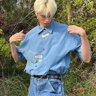 STAR FRUIT Thời trang thêu màu xanh cổ điển Áo sơ mi cộc tay dáng suông mùa hè mỏng Áo sơ mi giản dị