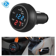 3 in 1 12/24V Car LED Digital Voltmeter Gauge+Thermometer+USB Charger(Blue)