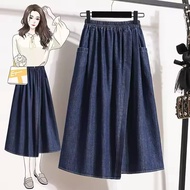 [BlueThreads] Haruka Skirt LongJeans Skirt Elastic WaistWanita with Front Slit