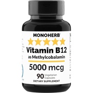 MONOHERB Vitamin B12 Methylcobalamin 5000 mcg - 90 Vegetarian Capsules - B12 Methyl