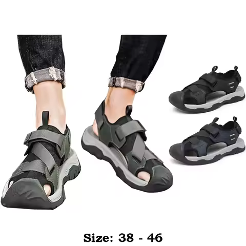 High quality leather mesh flat sandals for men round toes new summer 2026 45 46 casual walking beach