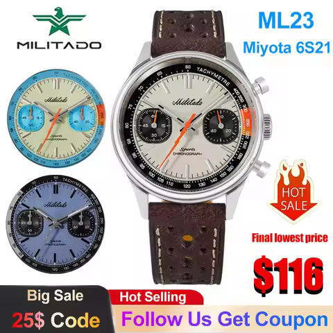 Militado ML23 Chronograph Watch New Miyota 6S21 Movement Sports Watch Sapphire Crystal 316L Steel BG