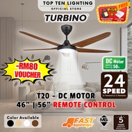 2025 NEW Turbino T20 T10 46" 56" DC Motor Ceiling Fan 24 Speed Remote Control 18W LED Light Kipas Si
