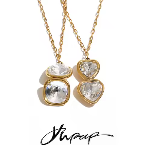 Yhpup Stainless Steel Necklace Pendant Dual Heart Square Crystal Charm Shiny Collar Jewelry Waterpro
