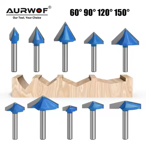 AURWOF 1pc 6mm Shank 60 90 120 150 Degree V Type Slotting Cutter Bit CNC Engraving Solid Router Bit 