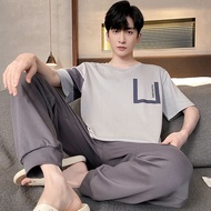 เสื้อยืดลำลองทรงหลวมสำหรับเกาหลีผู้ชายสไตล์แขนยาว + ชุดนอนกางเกงตาข่ายผ้าฝ้ายไซส์ใหญ่พิเศษ1ชุดนอน