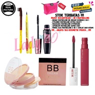 Paket Kosmetik Set Maybelline 6in1 ( Bedak BB Maybelline Pink- Maskara Hitam- Eyeliner- Lipcream Superstay- Pensil Alis Maybelline 2in1 ) Gratis 1 Pcs Tas Kosmetik