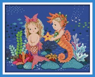 The Little Mermaid And Sea Horse Cross Stitch Complete Set With Pattern Scenery Printed Unprinted Aida Fabric Canvas 11CT 14CT Stamped Counted Cloth With Materials DIY Needlework Handmade Embroidery Home Room Decor Sewing Kit