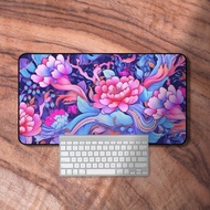 Desk Mat Japanese, Japanese Floral Mouse Pad, Blue and Pink Laptop Mat, Long Deskmat, Desk Mat Aesthetic, Office Desk Accessories