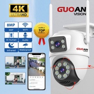 GUOAN VISION 8MP 4k กล้องวงจรปิด ICsee ไร้สายกลางแจ้ง IP66 กันน้ำเลนส์คู่คืนวิสัยทัศน์ การตรวจจับ AI