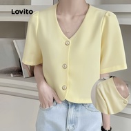 Lovito Elegant Christmas Holiday Blouse Button Front Pleated Good Texture Spring/summer Yellow Blous