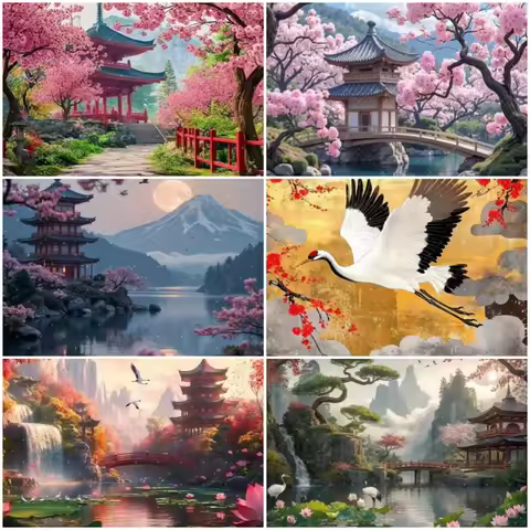 Cherry Blossom Architecture Background Flower Night Mount Rivers Garden Landscape Party Decoration B