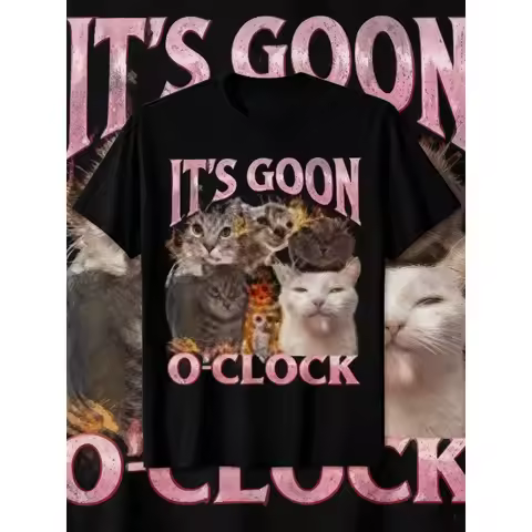 2025 Summer Men's "It's Goon O'Clock" Laughing Cat Meme 100% Cotton Printed T-shirt Round Neck Humor