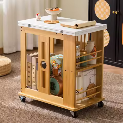 Folding retro coffee table, living room sofa side table, 360 ° universal pulley mobile square table,
