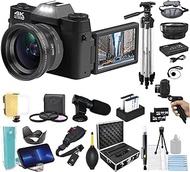 eDealz 4K 48 MP Digital Camera Kit for Photography, Vlogging for YouTube w/Flip Screen, WiFi, Wide Angle Lens, Filters, 2X 64GB Micro SD Cards, 50" Tripod, Case, Card Reader, Microphone, LED &amp; More