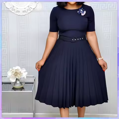 Summer Plus Size Pleated S-5Xl Dress Ladies O-Neck Short Sleeve Solid With Belt Mid-Calf Office Lady