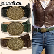 YUMEIREN Western Cowboy Belt, Punk Rock Vintage Carved Buckle Embossed Belt, Fashion Retro PU Leathe