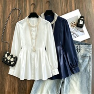 Women Blouse Top 2026 New French Style Stand Collar Rhinestone Inlay Pleated Doll‑Style Sweet Elegan