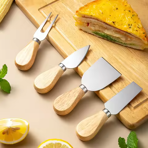 4PCS-Stainless Steel Cheese Knife 4-Piece Set Rubberwood Handle Cream Cutter Pizza Cheese Knife Fork