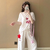 Ready Stock American Star Embroidered T-Shirt Casual Wide-Leg Pants Two-Piece Set Summer Women Casua