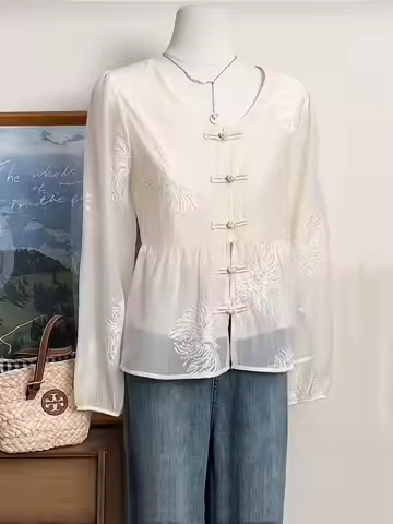 Women's Beige Embroidered Blouse Frog Button Long Sleeve Sheer Chinese Style Top