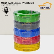 MEGA KABEL [100m] 6mm Insulated PVC 100% Pure Copper Cable (SIRIM)