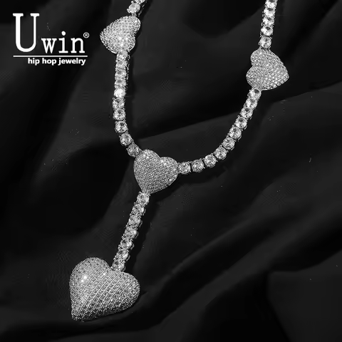 Uwin 4 Heart Necklace Drip Necklaces for Women 4mm Tennis Chain With Heart Pendant Iced Out Cz Hip H