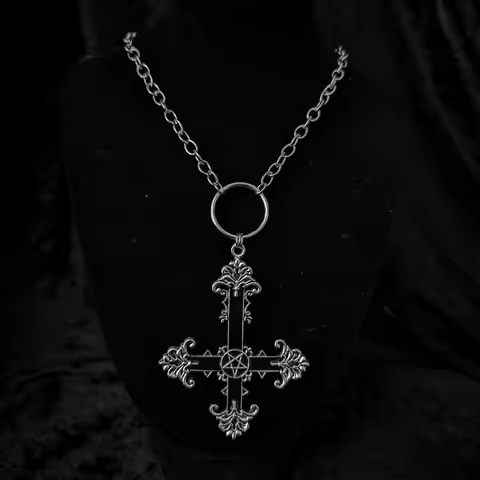 Pentagram Carved Cross necklace,Gothic jewelry,Inverted cross,Large Cross,Vintage,Witch jewelry,paga