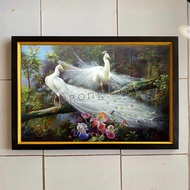 Wall decoration painting print picture 2 beautiful white peacocks plus frame size 65 x 45 cm