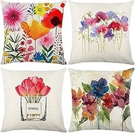 Cushion Cover, 65x65cm Set of 4, Colorful Flowers Soft Velvet Throw Pillow Cases 26x26in, Square Sofa Cushion Cover with Invisible Zipper for Couch Bed Car Bedroom Home Decor