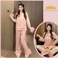 Women's Pajamas, Latin Silk Pajama Set Long Sleeve Feather Coat High Quality Luxurious Pink HCOM2646