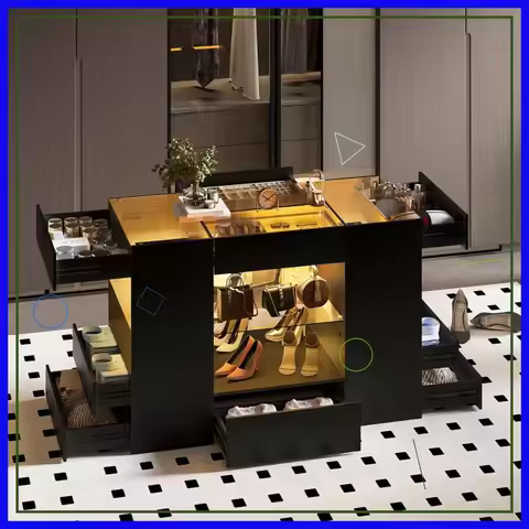 Modern Closet Island with 10 Drawers, LED Wardrobe Armoire, Glass Top Storage Cabinet for Walk-in Cl