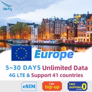 Wefly Europe Sim Card 5~30 days unlimited Data 4G LTE high speed for Europe 41 countries Euro
