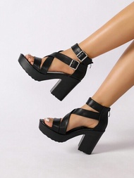 女款黑色新款春夏高跟露趾涼鞋,歐洲碼,粗跟、羅馬風格和厚底設計