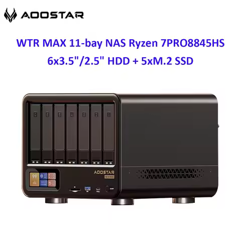 AOOSTAR WTR MAX NAS Mini PC AMD Ryzen 7 PRO 8845HS 8C/16T 6×3.5"HDD+5×M.2 SSD Dual 2.5G LAN USB4 DDR