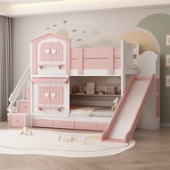 Kids Bed Girls Bunk Bed Pink Princess Castle Bed Slide Up And Bottom Bed Slide Cabinet 儿童床 公主床
