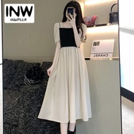 INWPLLR Fake Two-piece Dresses Summer New Short Sleeve Women Dress Retro Square Collar Long Dress